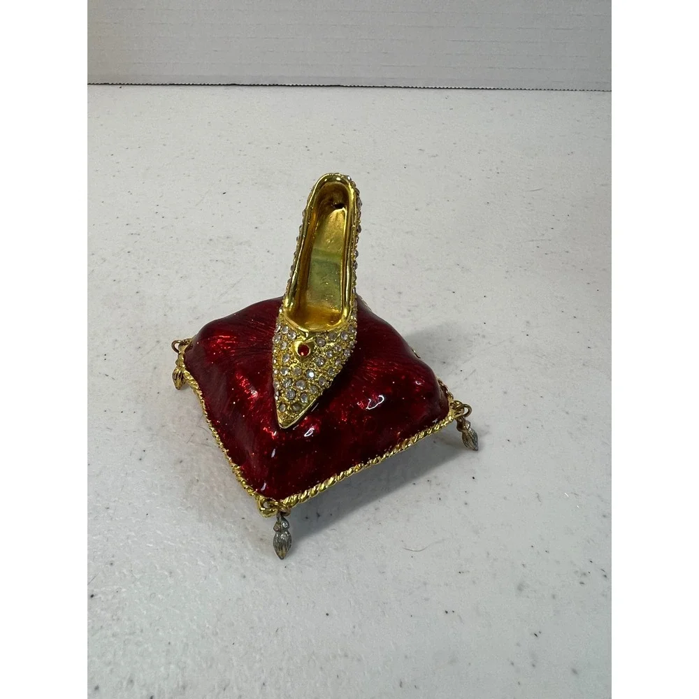 Vintage Enamel High Heel Shoe on Red Pillow Trinket Box Rhinestone Jeweled Gold